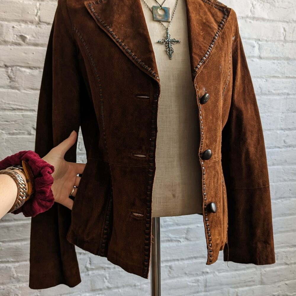 Y2K Brown Suede Leather Jacket Boho Western Minimalist Rust Biker Cowgirl Blazer - Picture 7 of 10